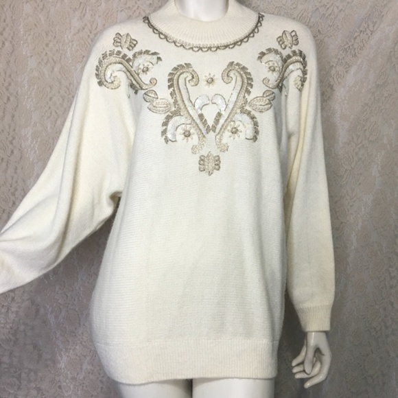 Alfred Dunner 90s Vintage Sweater Cream Beaded Sequins Iridescent Size Large - Picture 1 of 8